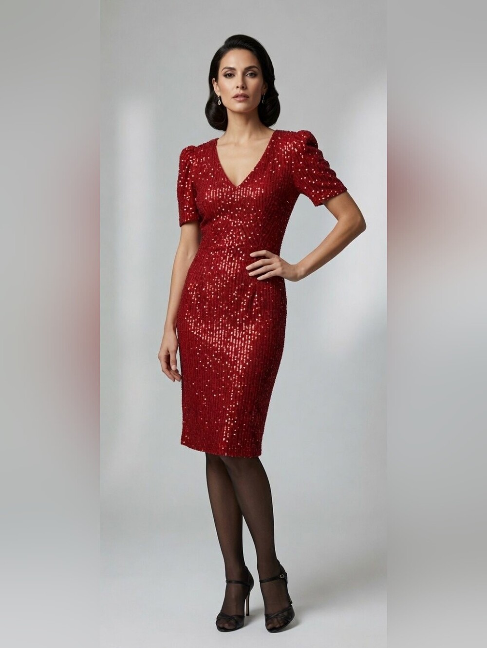 VTG 80s Stenay Sequin Formal Sheath Dress 100 Percent Silk Classic‎ Cocktail